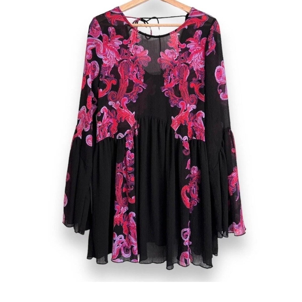 Free People intimately Symphony Black M Bell Sleeve Tunic Semi Sheer Dress Boho